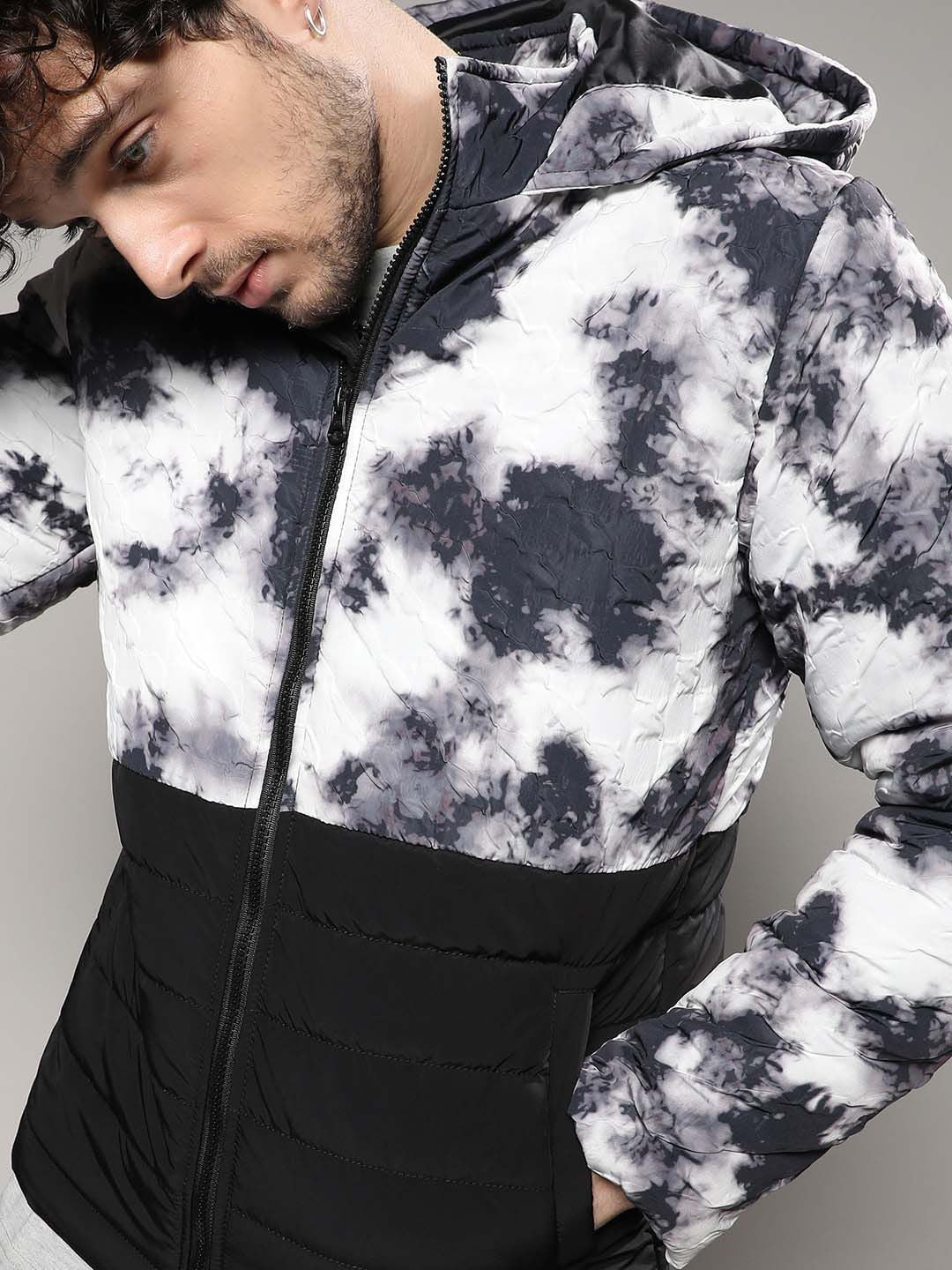 Campus Sutra Men Black Tie and Dye Hooded Windcheater Bomber Jacket
