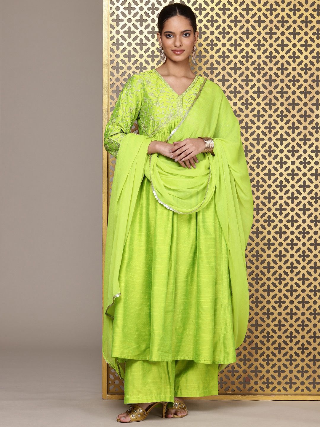 House of Pataudi Floral Embroidered Sequinned Jashn Kurta with Palazzos & Dupatta