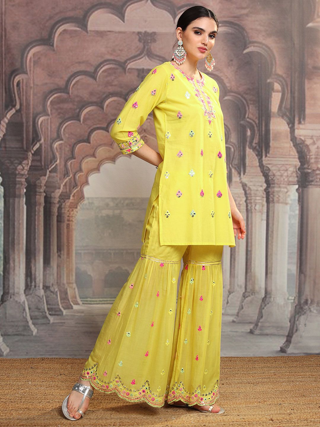 Vishudh Yellow Embroidered Mirror Work Pure Cotton Straight Kurta With Sharara & Dupatta