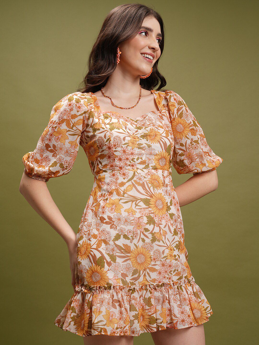 Tokyo Talkies Yellow Floral Printed Gathered or Pleated A-Line Mini Dress