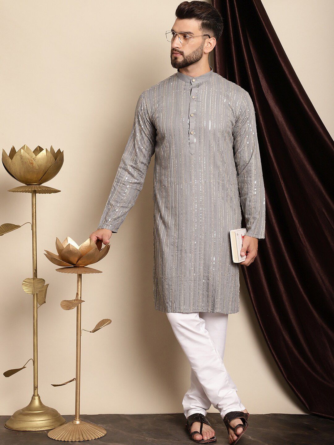 Anouk Ethnic Motifs Embroidered Sequinned Pure Cotton Kurta with Churidar