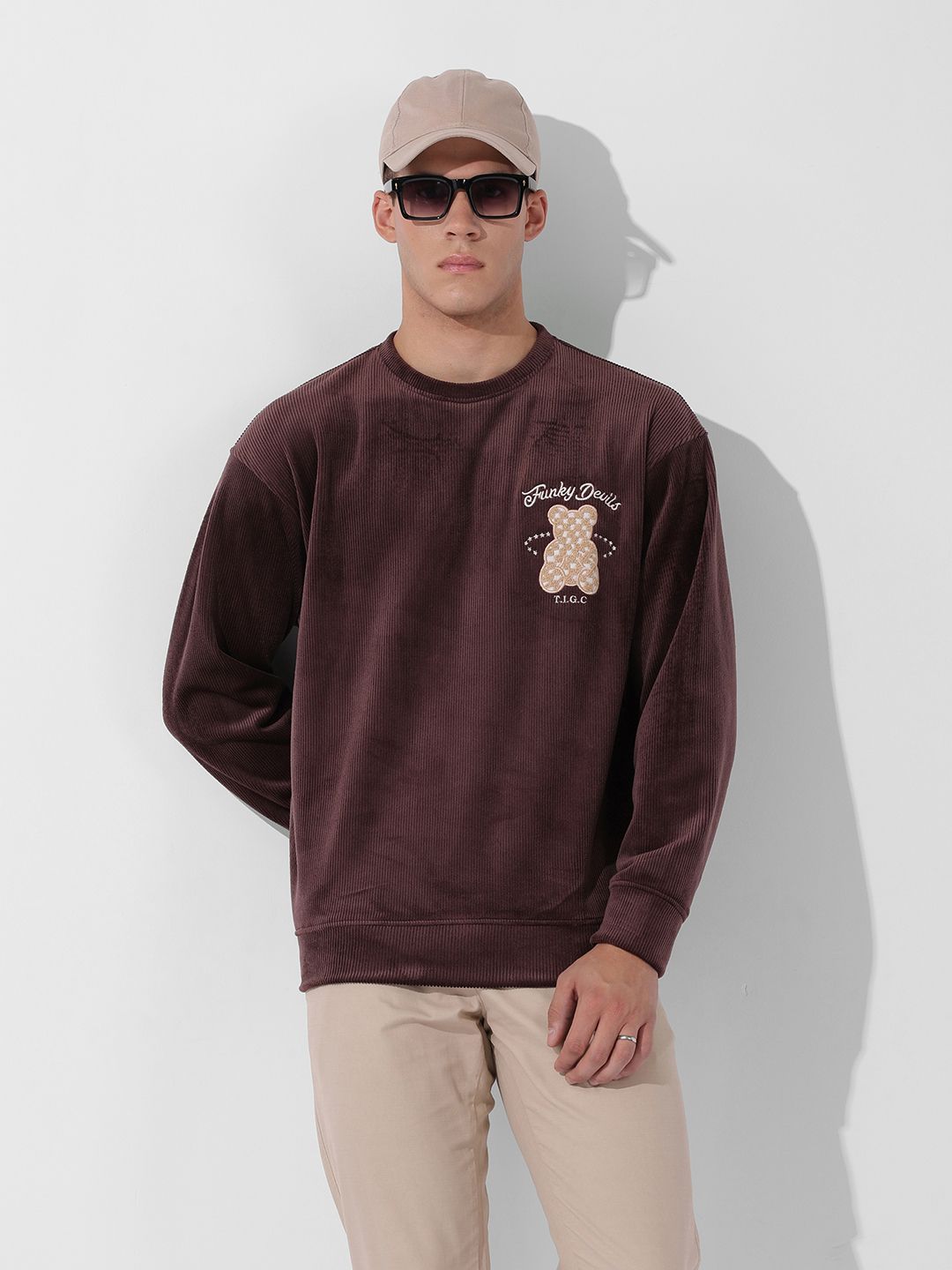 The Indian Garage Co Men Oversized Self Design Corduroy Crew Neck Sweatshirt
