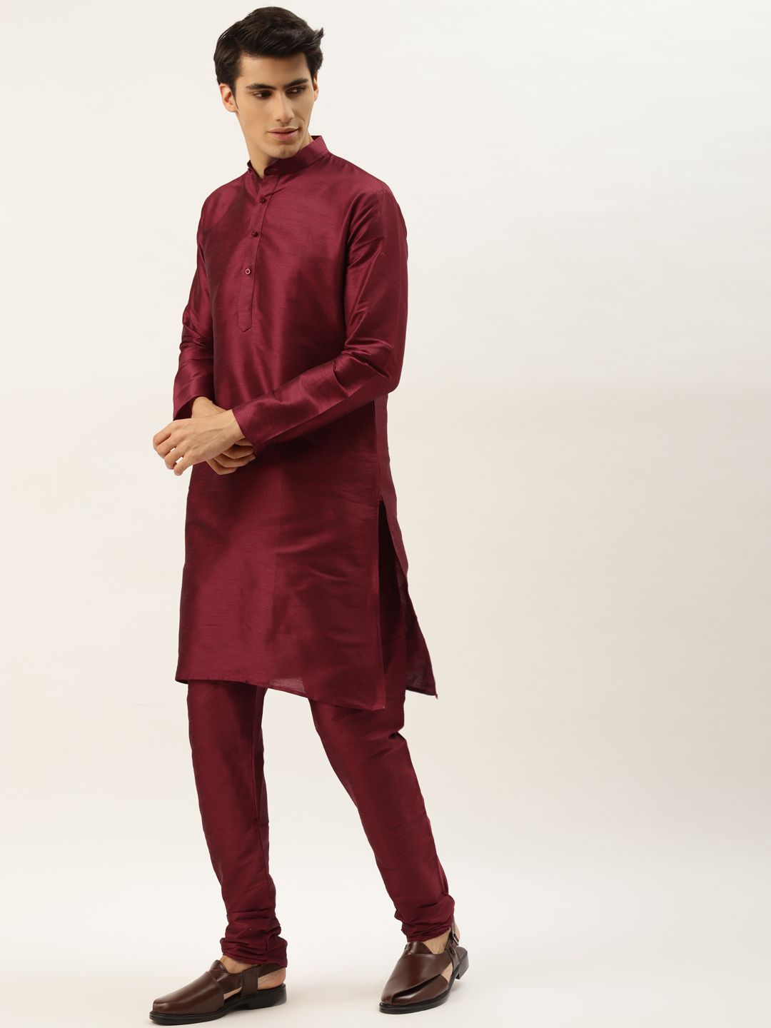 SOJANYA Men Maroon Kurta with Churidar & Nehru Jacket