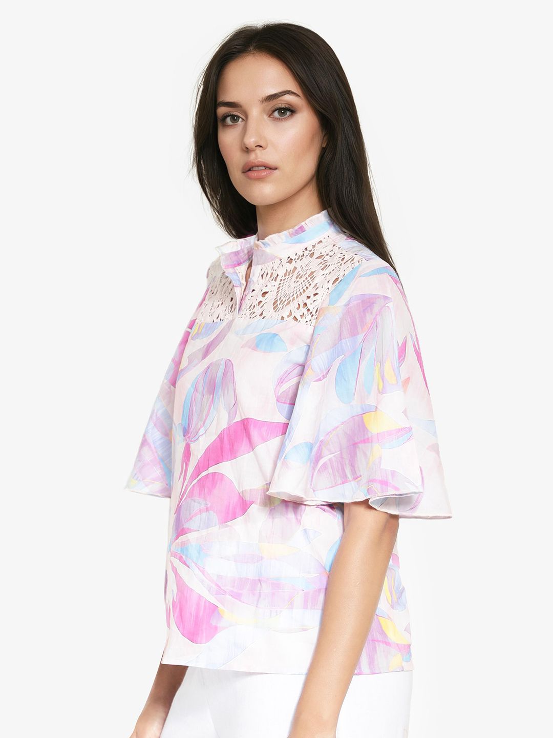 RAREISM High Neck Floral Print Flared Sleeve Cotton Top