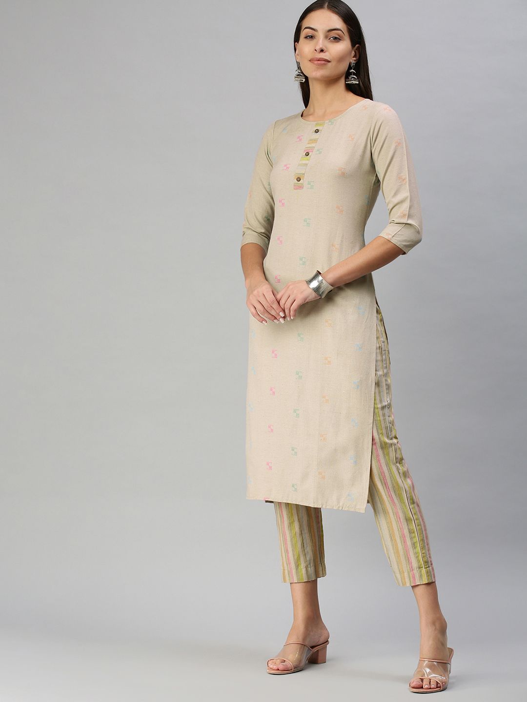 KALINI Women Beige Pure Cotton Kurta with Trousers