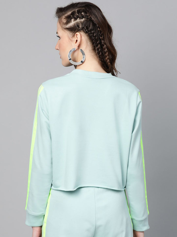 SASSAFRAS Women Sea Green Solid Boxy Cropped Sweatshirt
