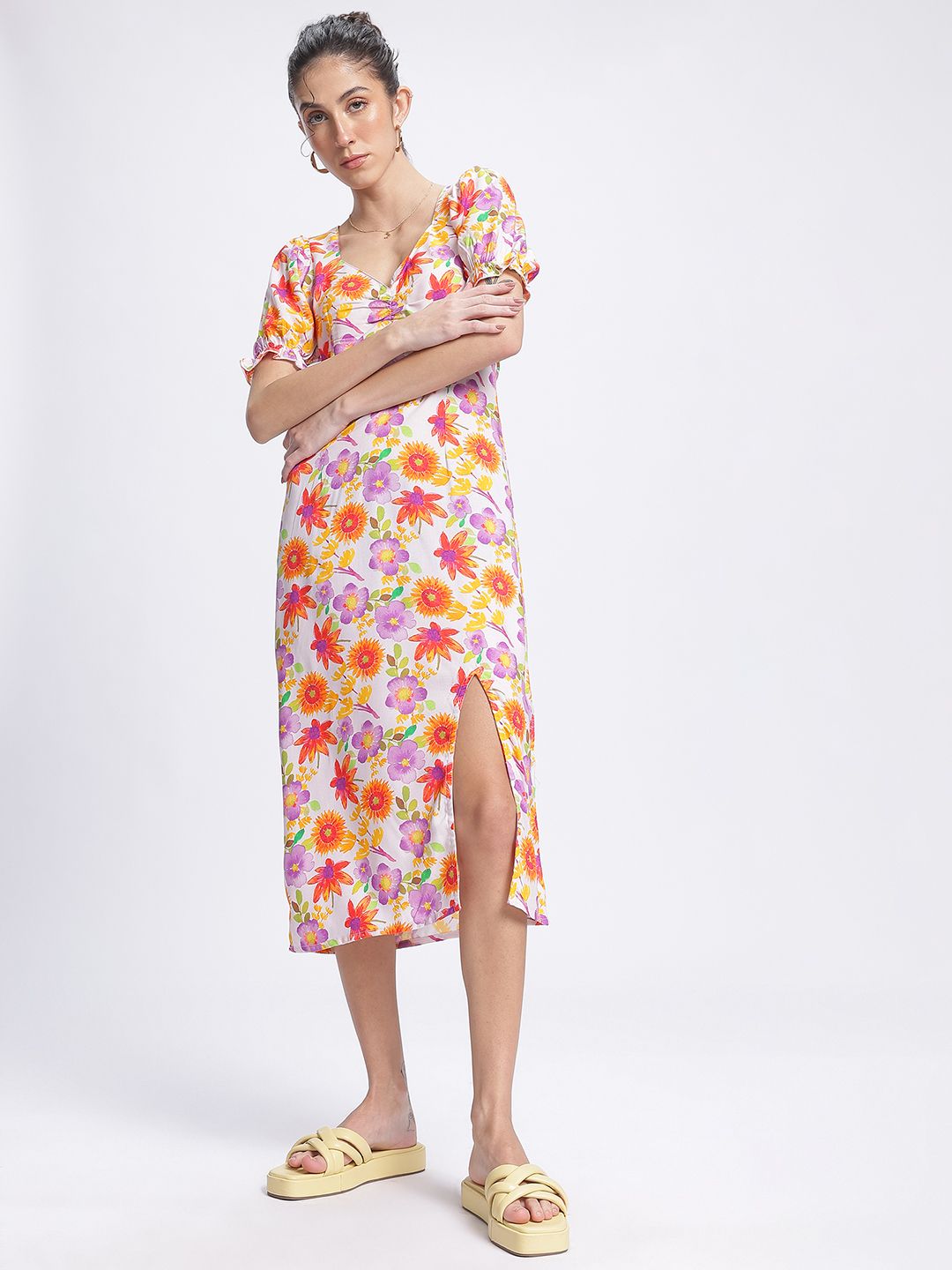 DressBerry Petal Power Ruched Front Slit Floral Sheath Dress