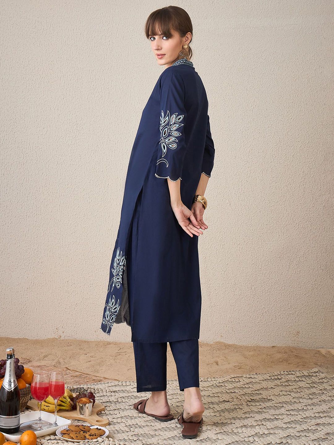 Indo Era Embroidered Three-Quarter Sleeves Pure Cotton Tunic With Trouser