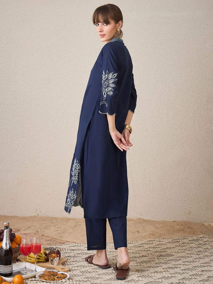 Indo Era Embroidered Three-Quarter Sleeves Pure Cotton Tunic With Trouser