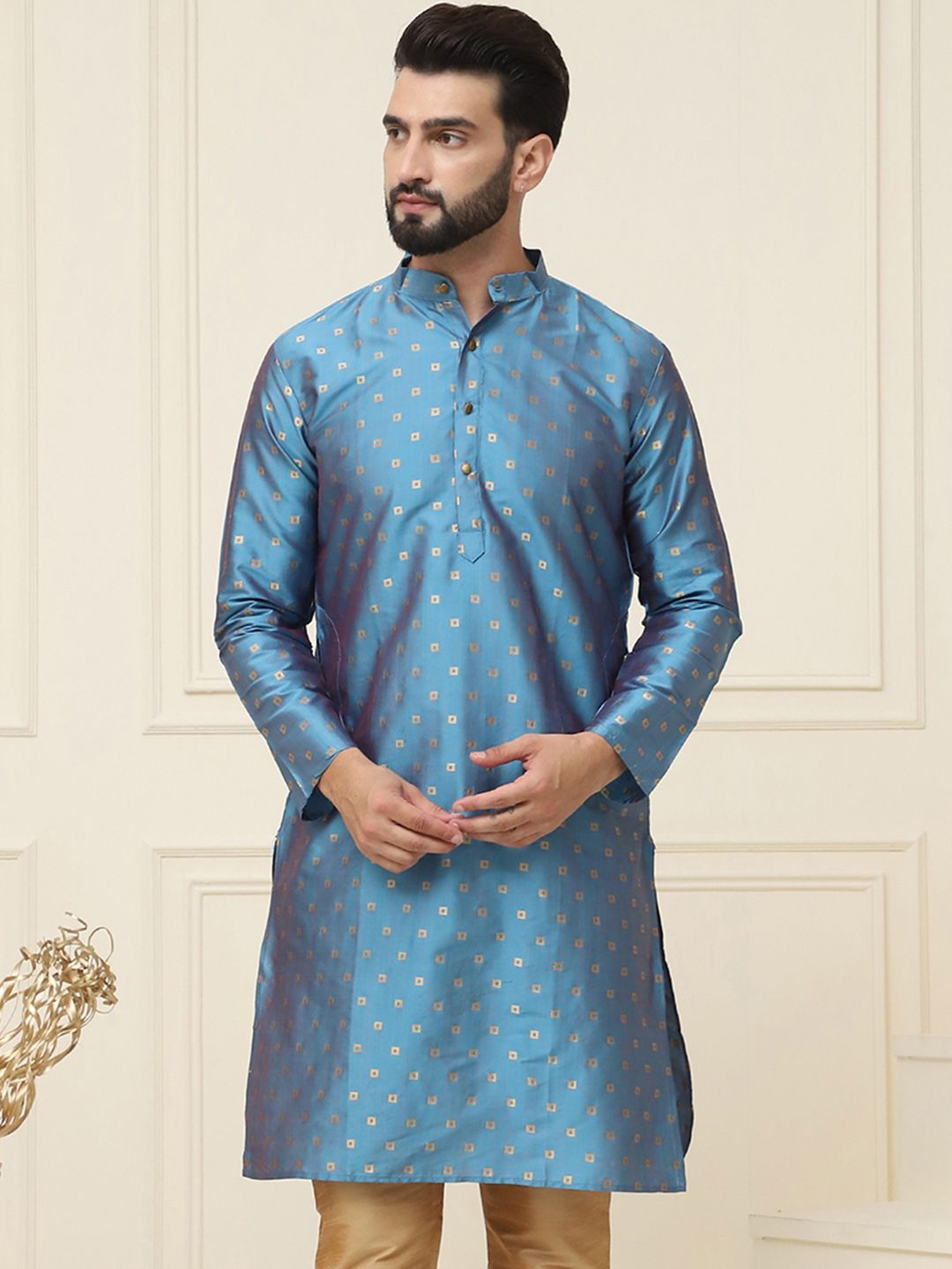 SOJANYA Kurta Campuran Sutera Lurus Bercetak Biru Lelaki
