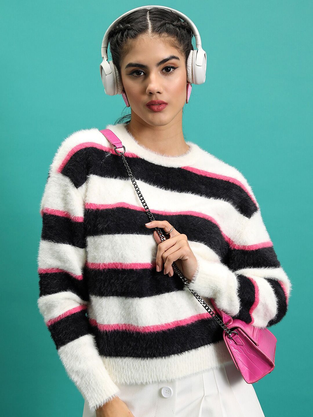 Tokyo Talkies Black Relaxed Fit Striped Fuzzy Acrylic Pullover