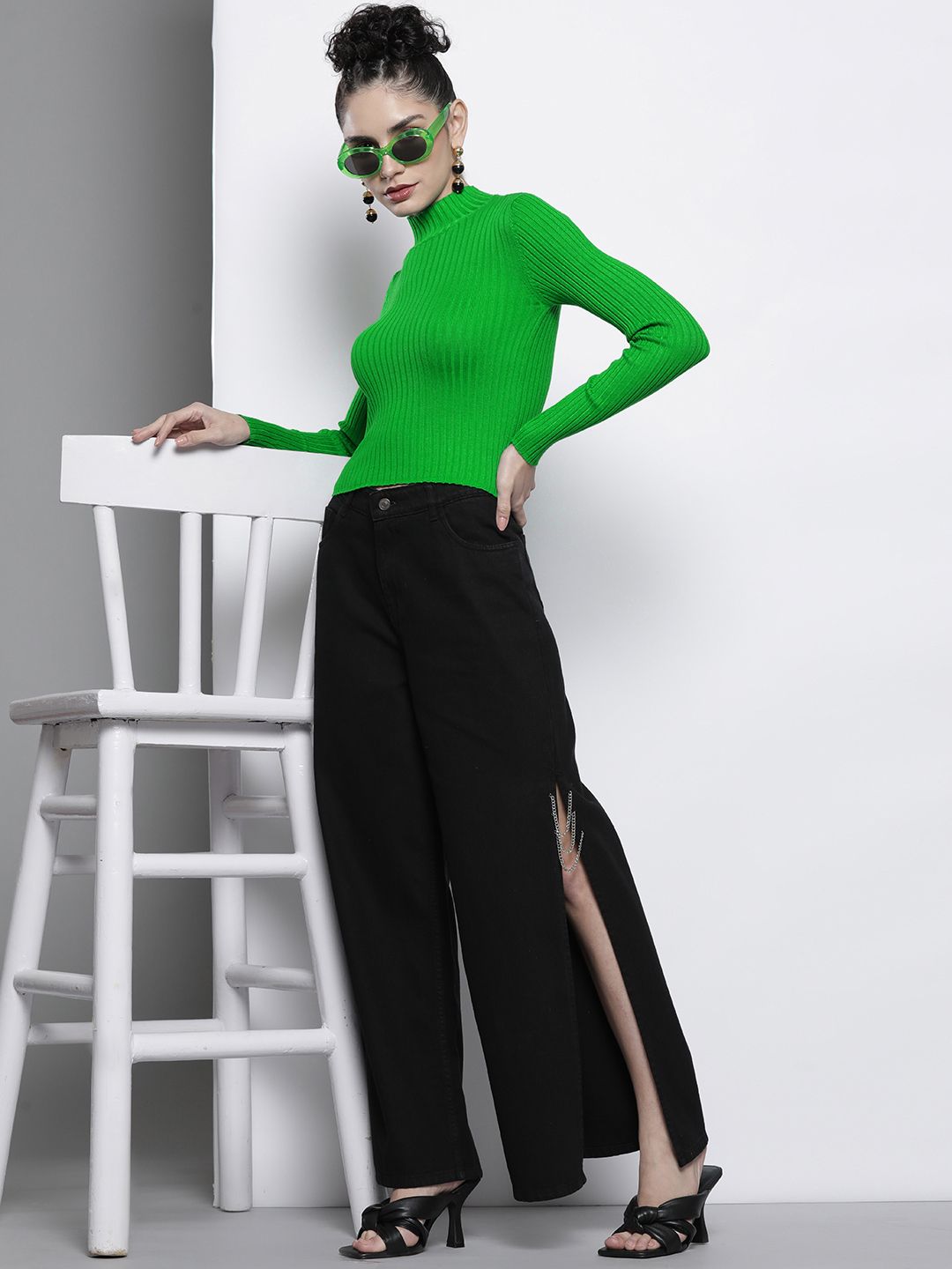 SASSAFRAS Women Green Ribbed Acrylic Pullover