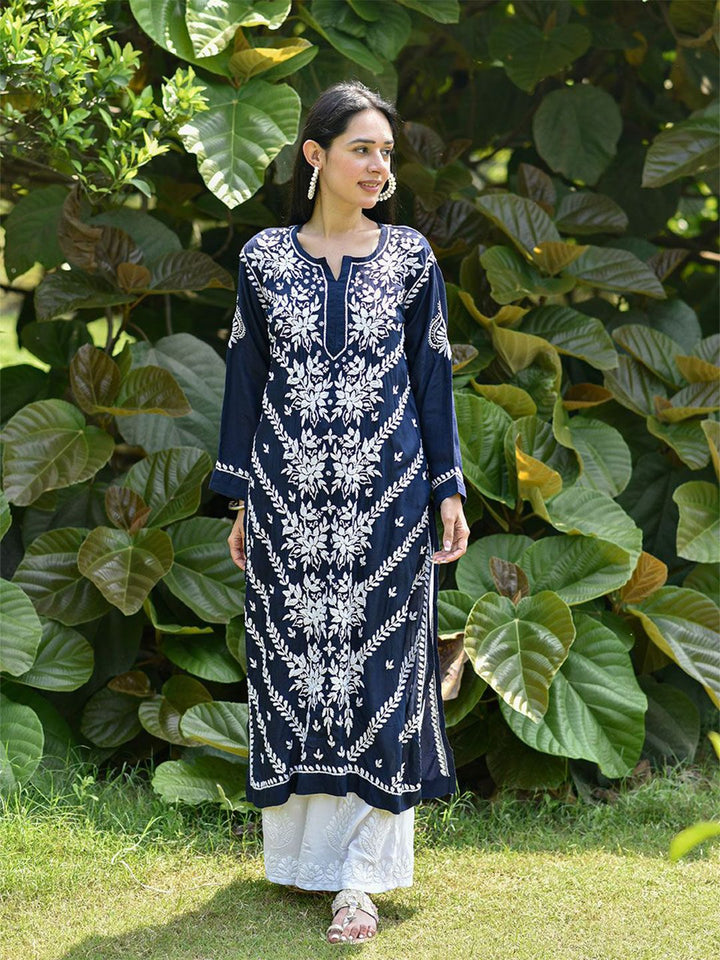 Rumah Chikankari Wanita Navy Blue Modal Chikankari Sulam Kurta