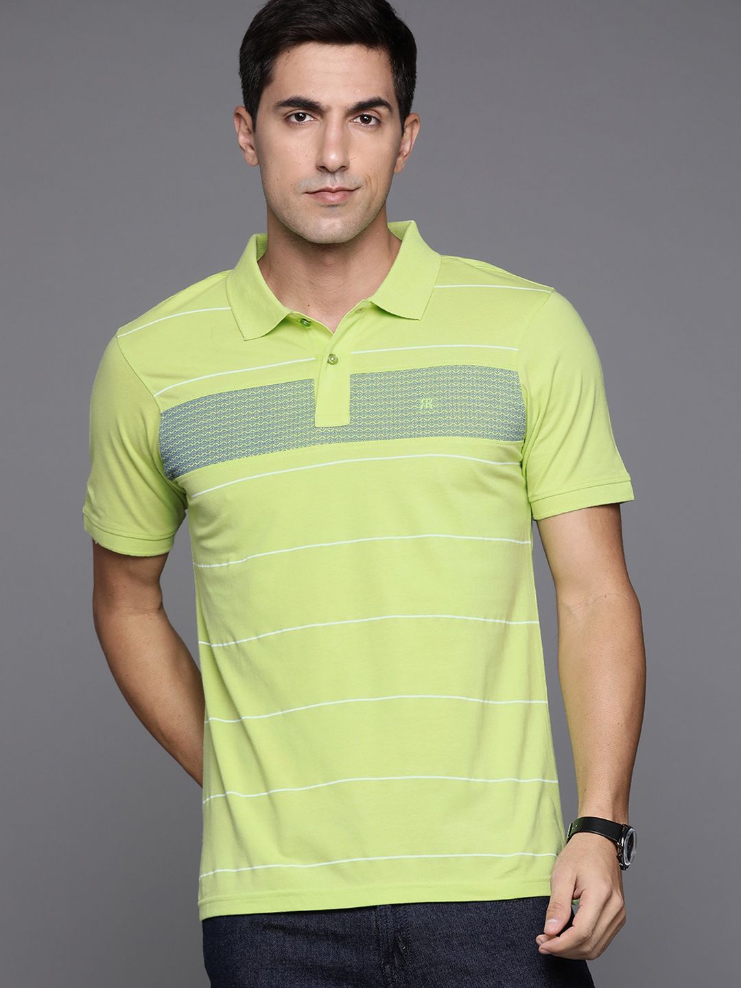 Raymond Men Green & White Pure Cotton Striped Polo Collar T-shirt