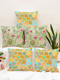 STITCHNEST Green & Yellow Set of 5 Floral Square Cushion Covers