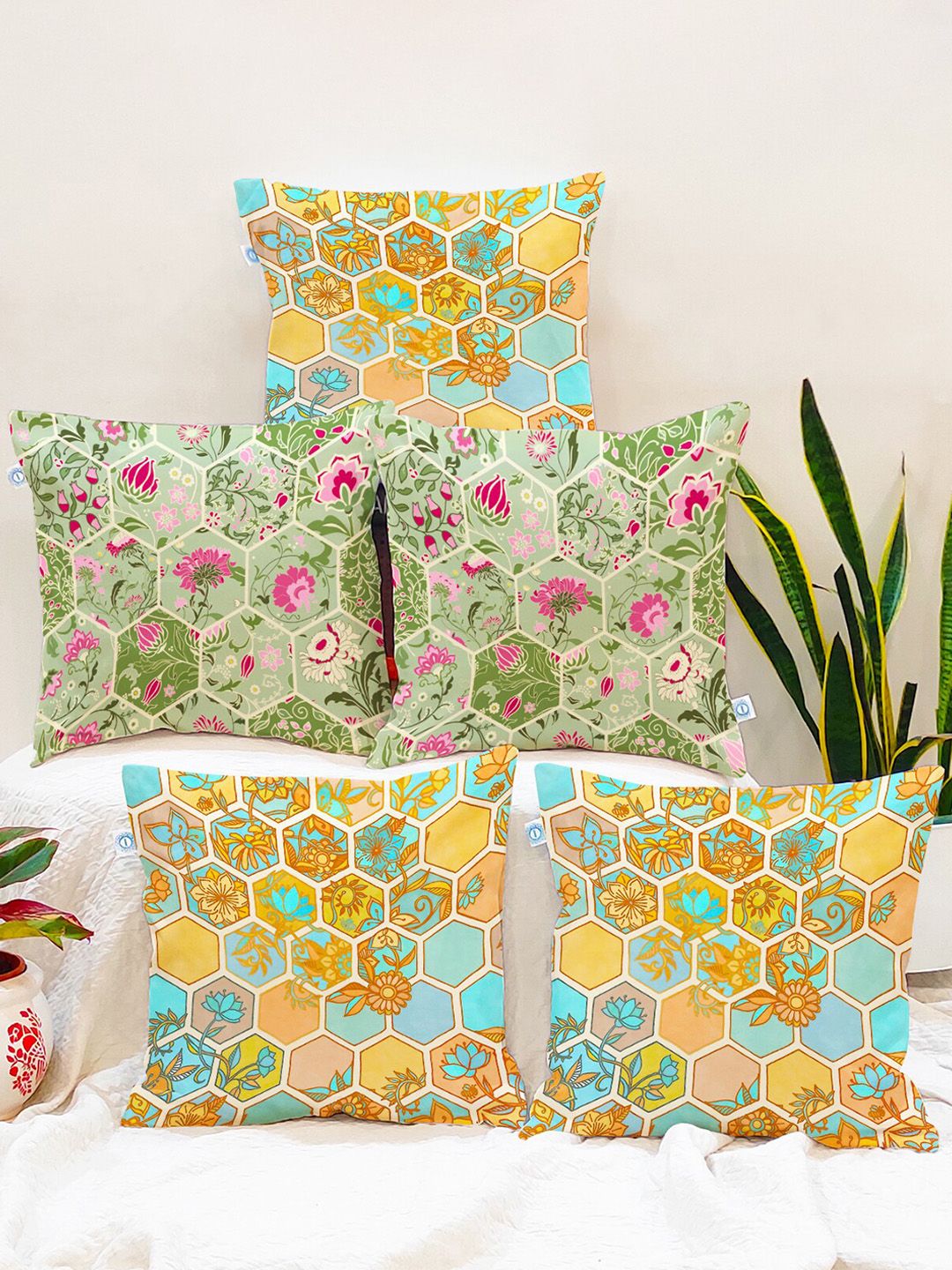 STITCHNEST Green & Yellow Set of 5 Floral Square Cushion Covers