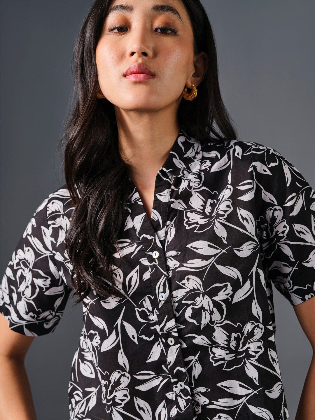 AND Floral Print Cotton Shirt Style Top