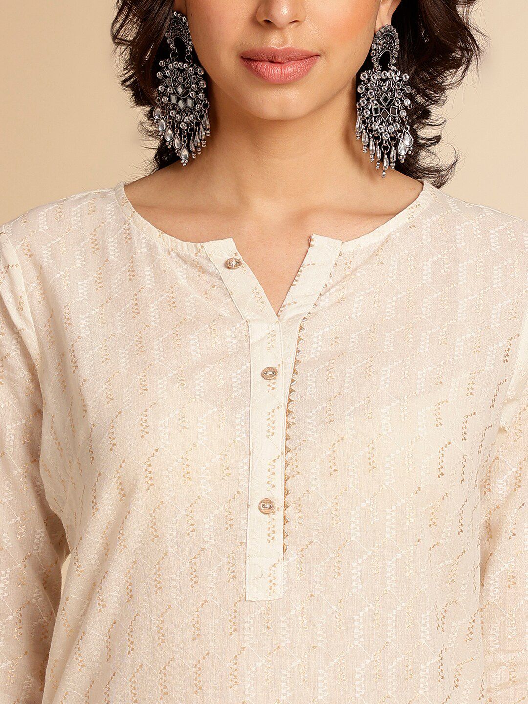 Anouk Off White Printed Mandarin Collar Cotton Straight Kurta