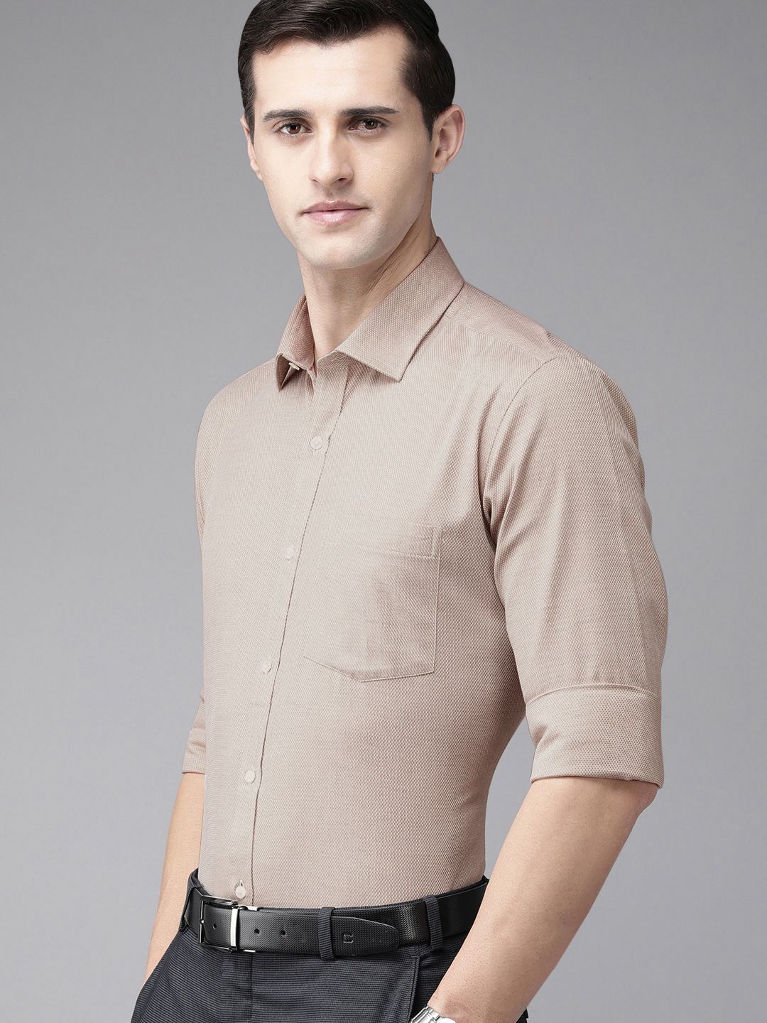 Park Avenue Men Grey Self Designed Textured Slim Fit Pure Cotton Formal Shirt