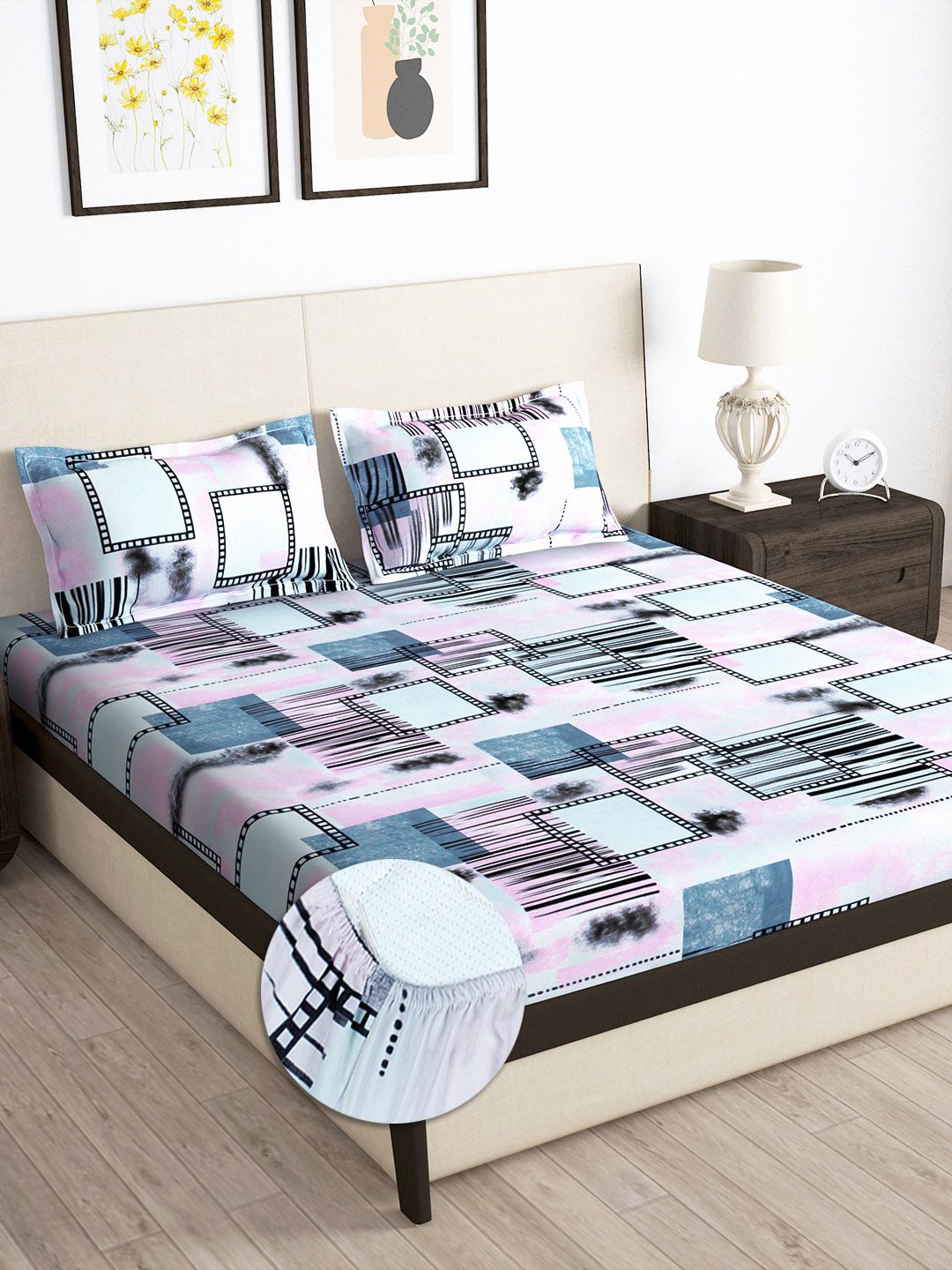 Story@home Arena Cream-Coloured & Purple 180 TC Fitted King Bedsheet & 2 Pillow Covers