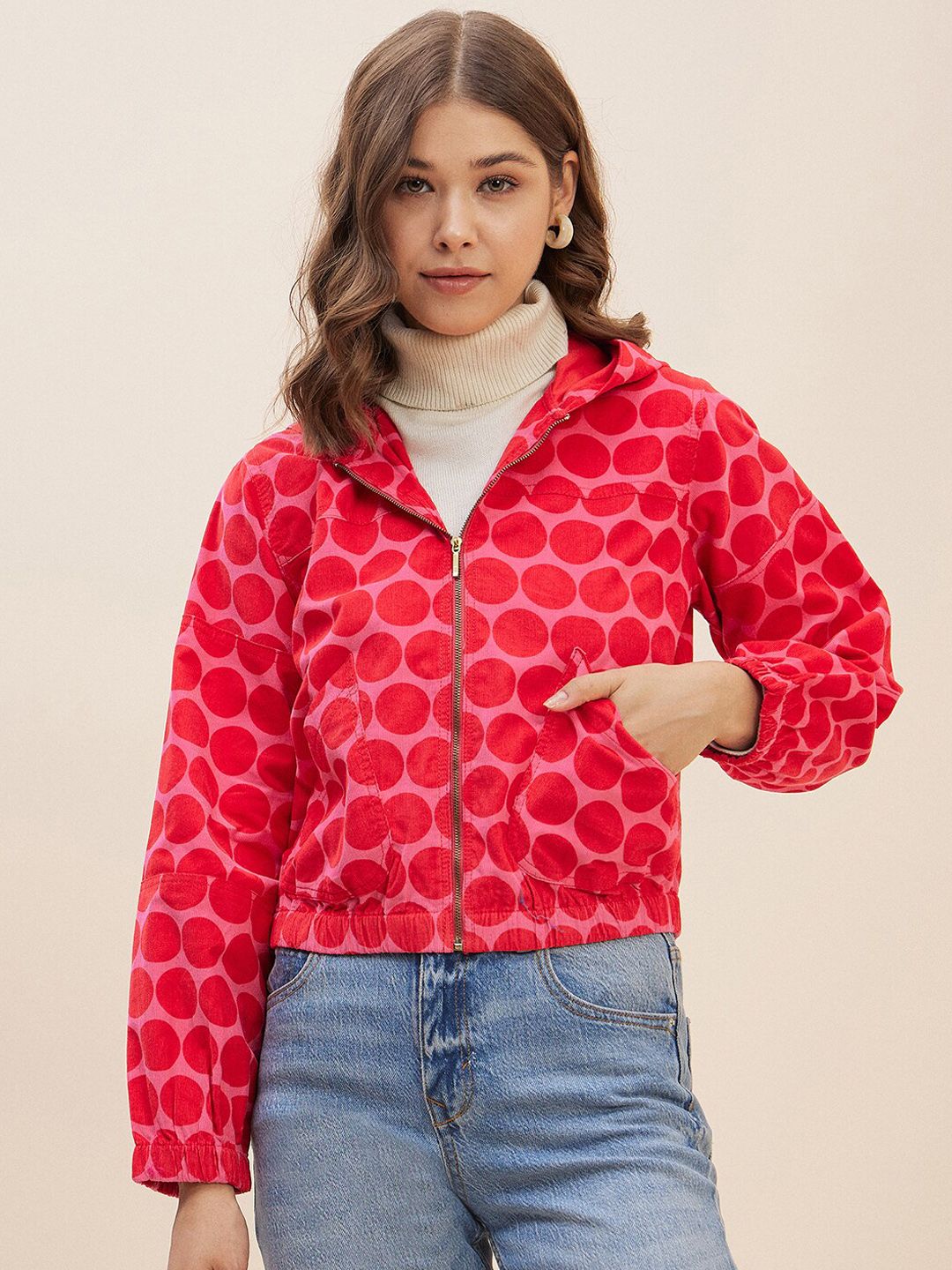Antheaa Pink Geometric Printed Hooded Neck Corduroy Crop Bomber Jacket