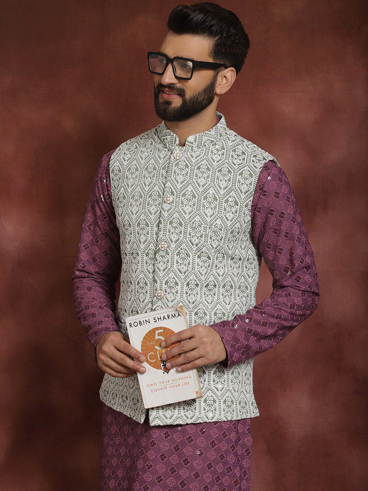 Anouk Thread Work Embroidered Regular Kurta with Churidar & Nehru jacket