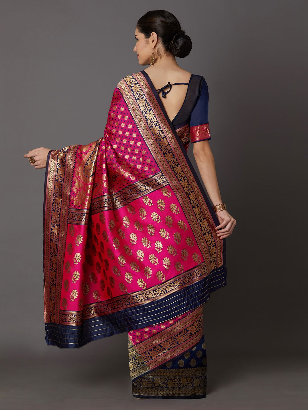 Mitera Pink & Navy Blue Silk Blend Woven Design Kanjeevaram Saree