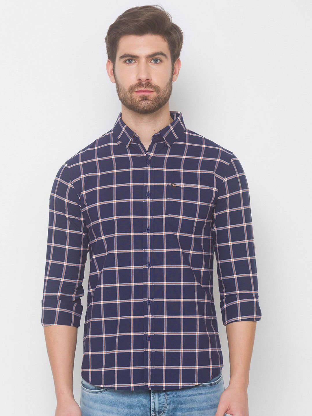 SPYKAR Men Blue Grid Tattersall Checks Checked Casual Shirt