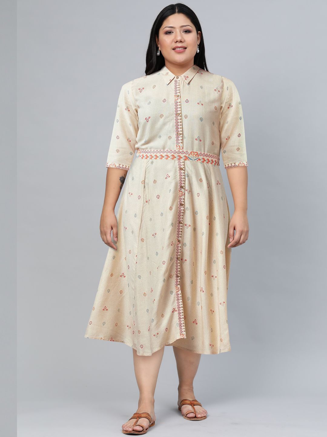 W White Ethnic Motifs Shirt Midi A-Line Dress