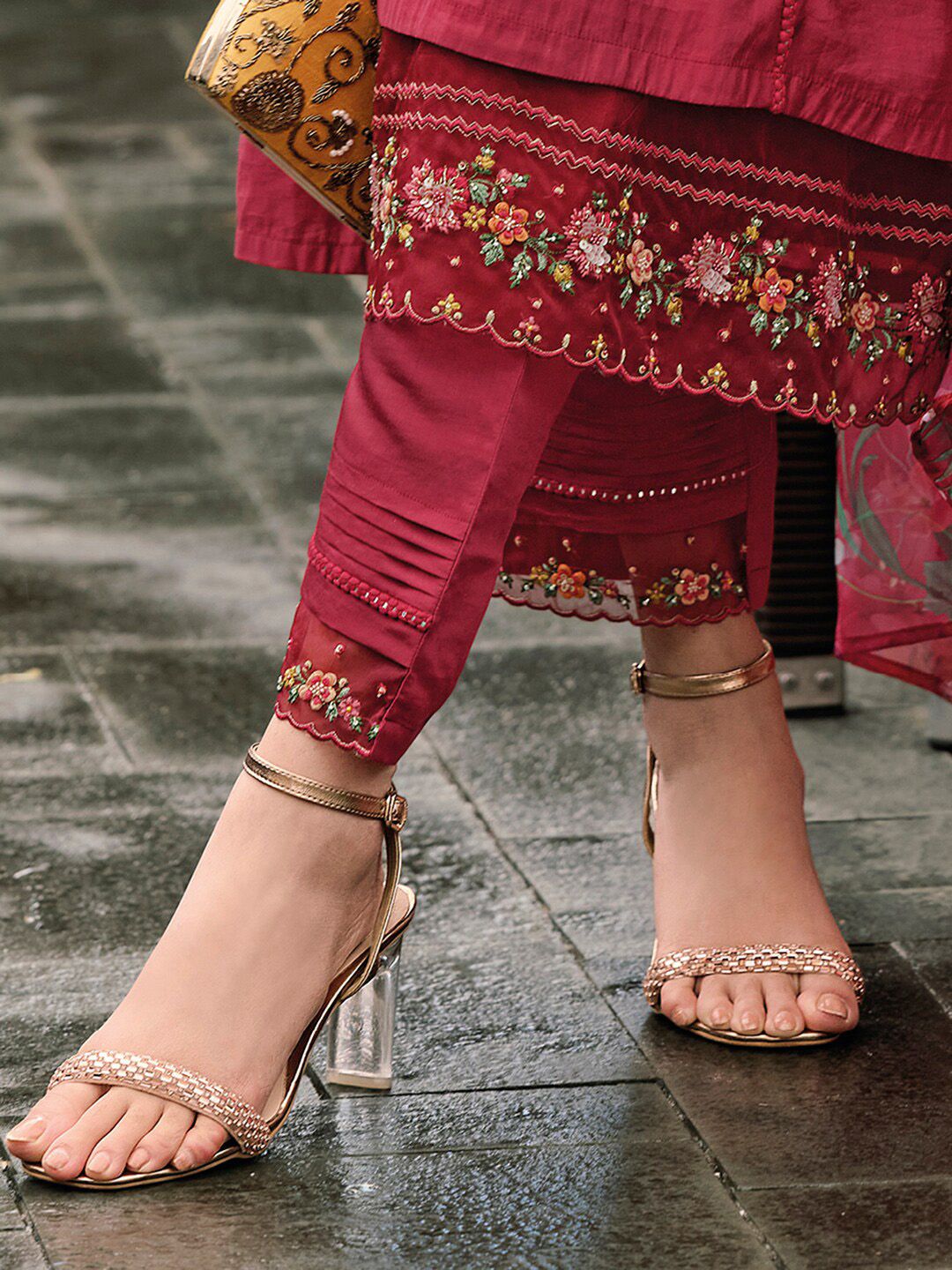 Indo Era Floral Embroidered Panelled Thread Work A-Line Kurta With Trousers & Dupatta