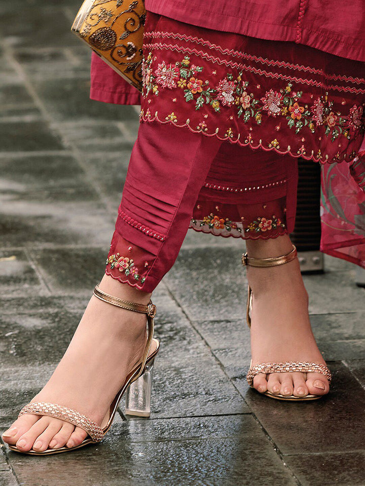 Indo Era Floral Embroidered Panelled Thread Work A-Line Kurta With Trousers & Dupatta