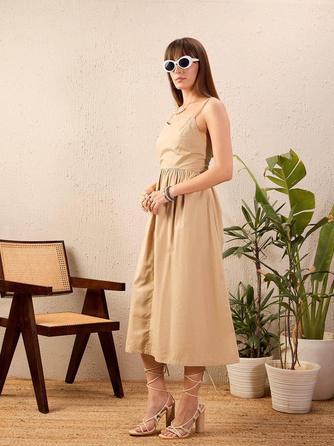SASSAFRAS Beige Shoulder Straps Pure Cotton A-Line Midi Dress
