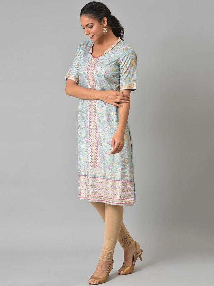 AURELIA Women Blue & Pink Floral Printed Kurta
