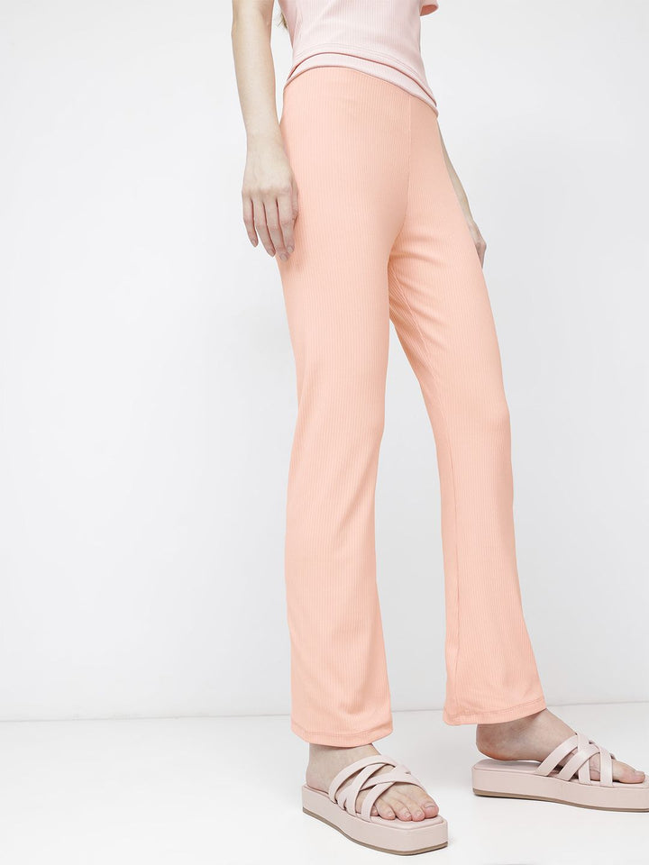 DressBerry Women Peach Fuss Ribbed Staple Trouser