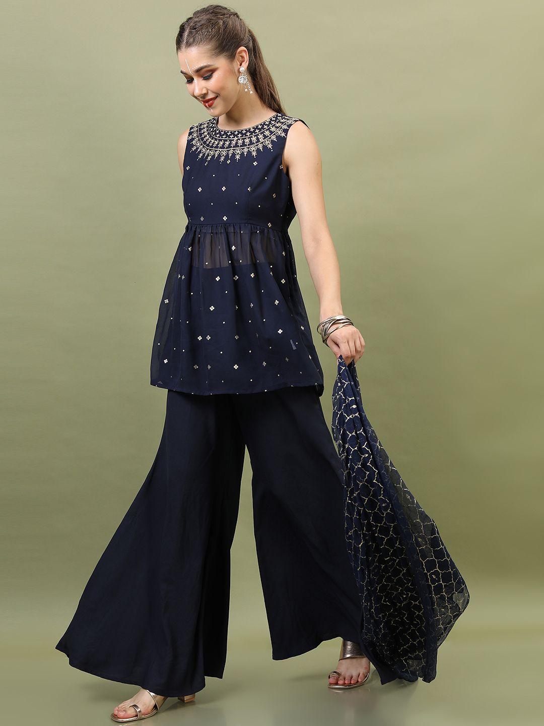 Vishudh Women Navy Blue Ethnic Motifs Embroidered Empire Kurti with Palazzos & With Dupatta