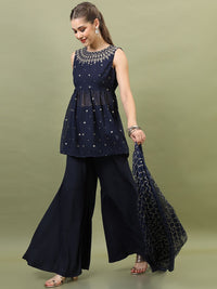 Vishudh Women Navy Blue Ethnic Motifs Embroidered Empire Kurti with Palazzos & With Dupatta