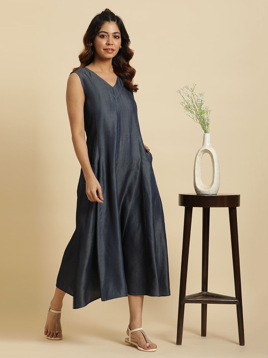 W V-Neck Denim A-Line Midi Dress