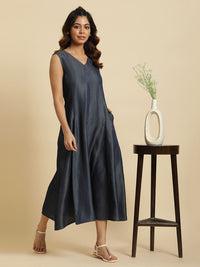 W V-Neck Denim A-Line Midi Dress