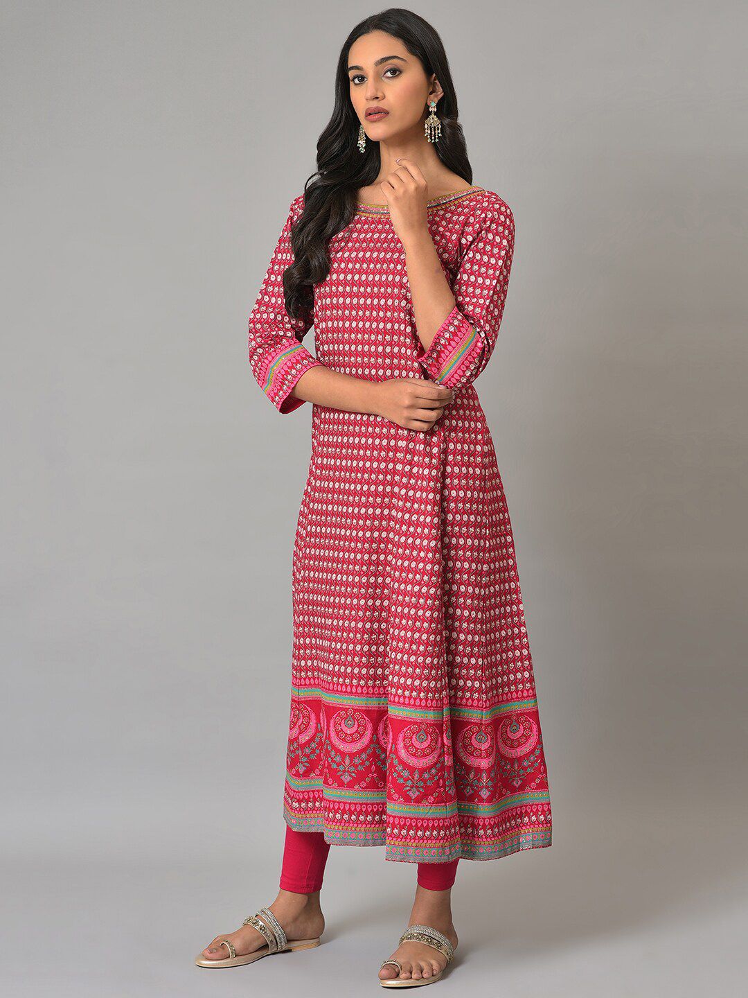 W Festive Floral Print Rayon Kurta With Tight