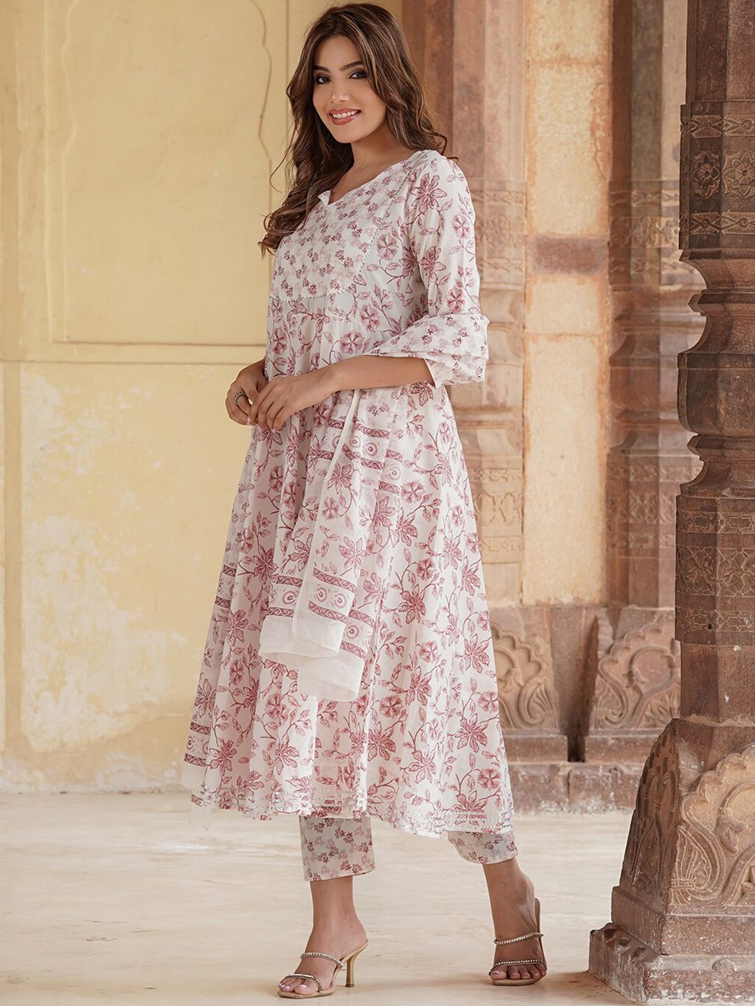KALINI Floral Printed V-Neck Regular Gotta Patti Kurta With Trousers & Dupatta