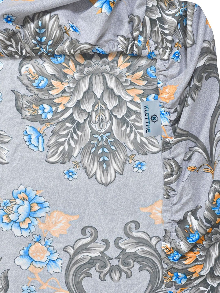 KLOTTHE Grey & Blue Floral Printed Dilengkapi 400 TC King Bedsheet Dengan 2 Sarung Bantal