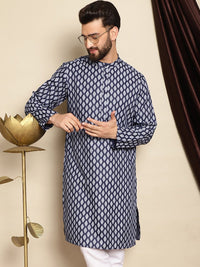 Anouk Navy Blue Ethnic Motif Printed Band Collar Straight Kurta