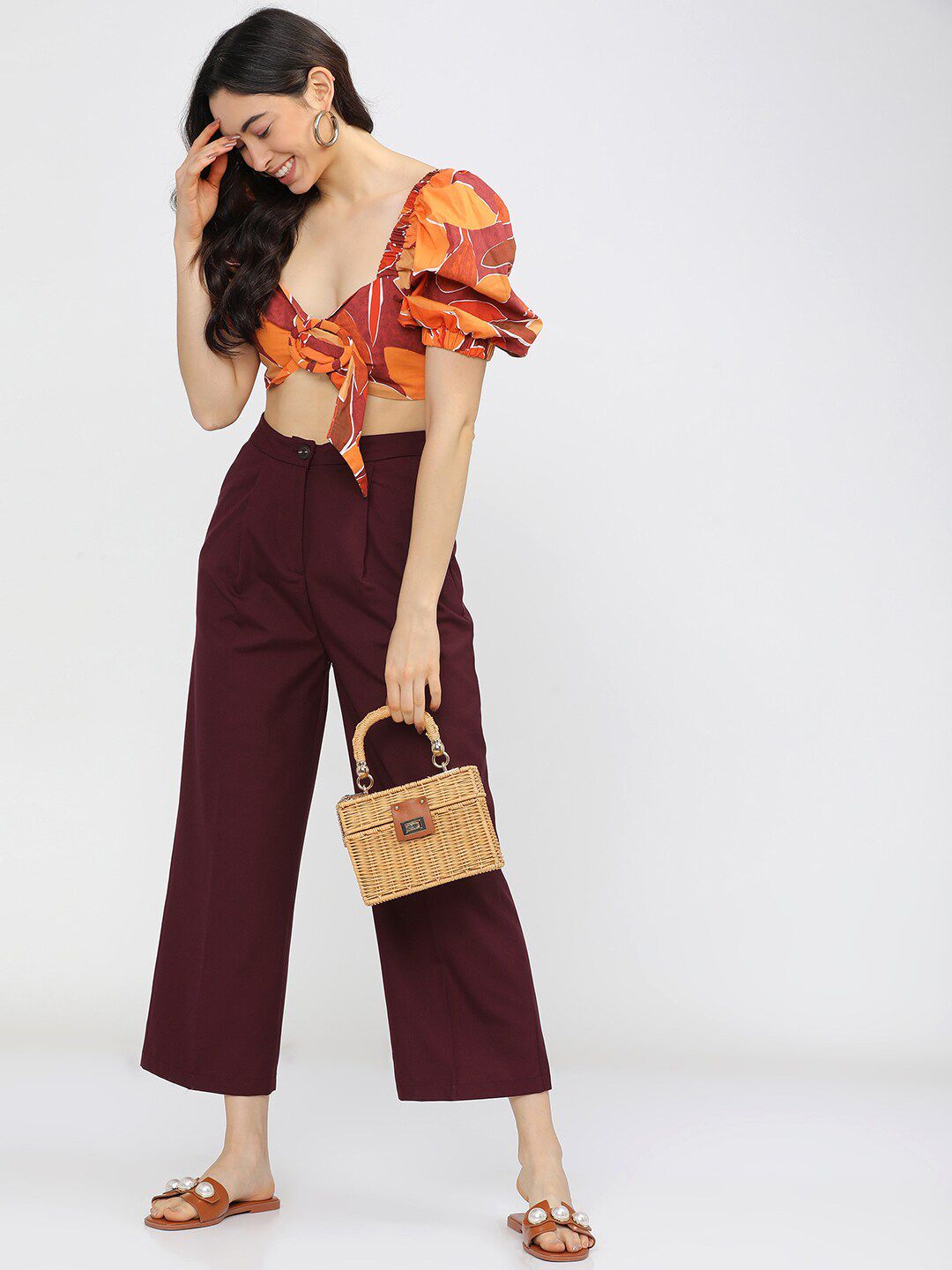 Tokyo Talkies Women Burgundy Flared Pleated Parallel Trousers