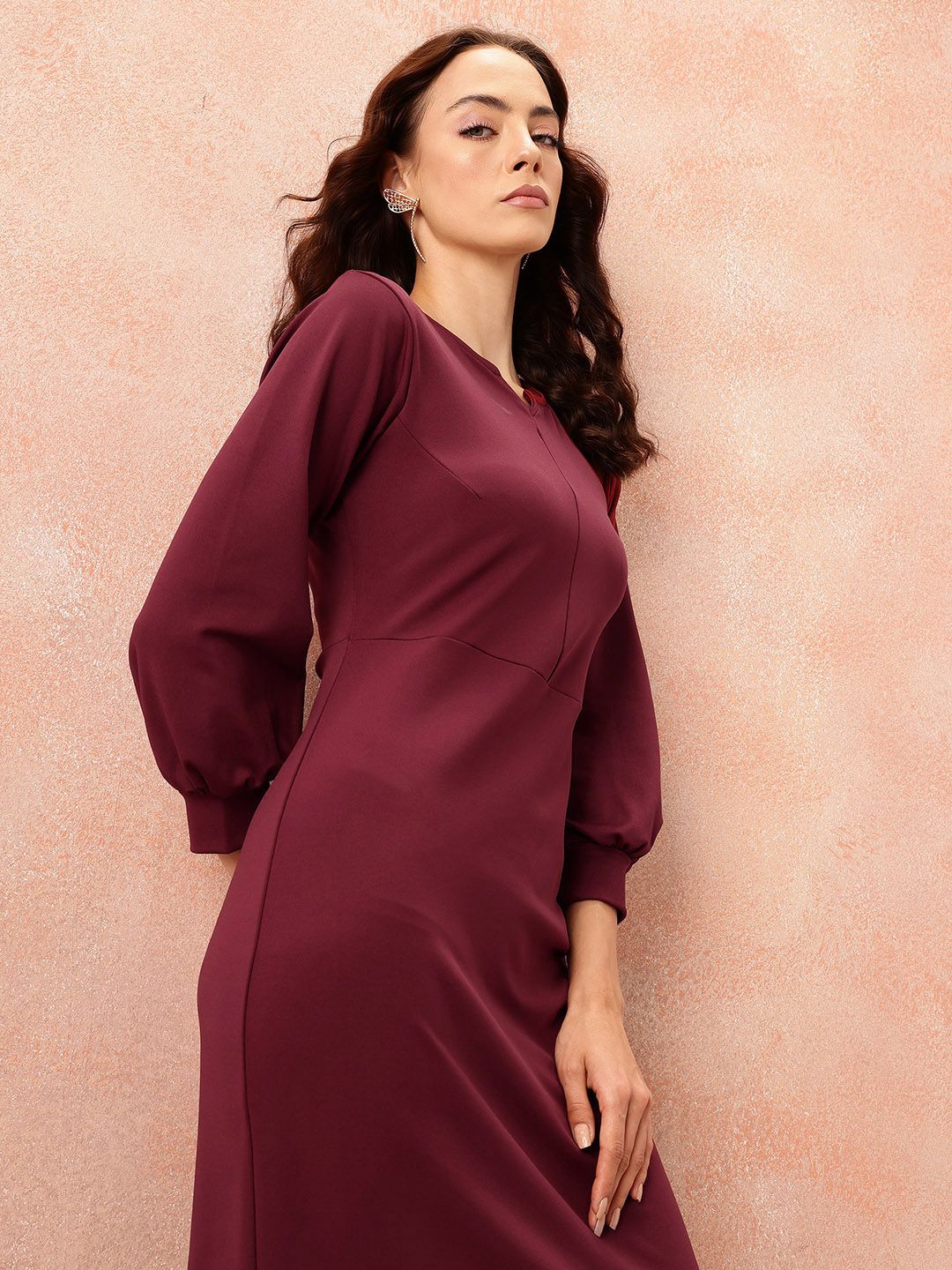 all about you Notched Round Neck Cuffed Sleeves Sheath Dress with Back Sllit