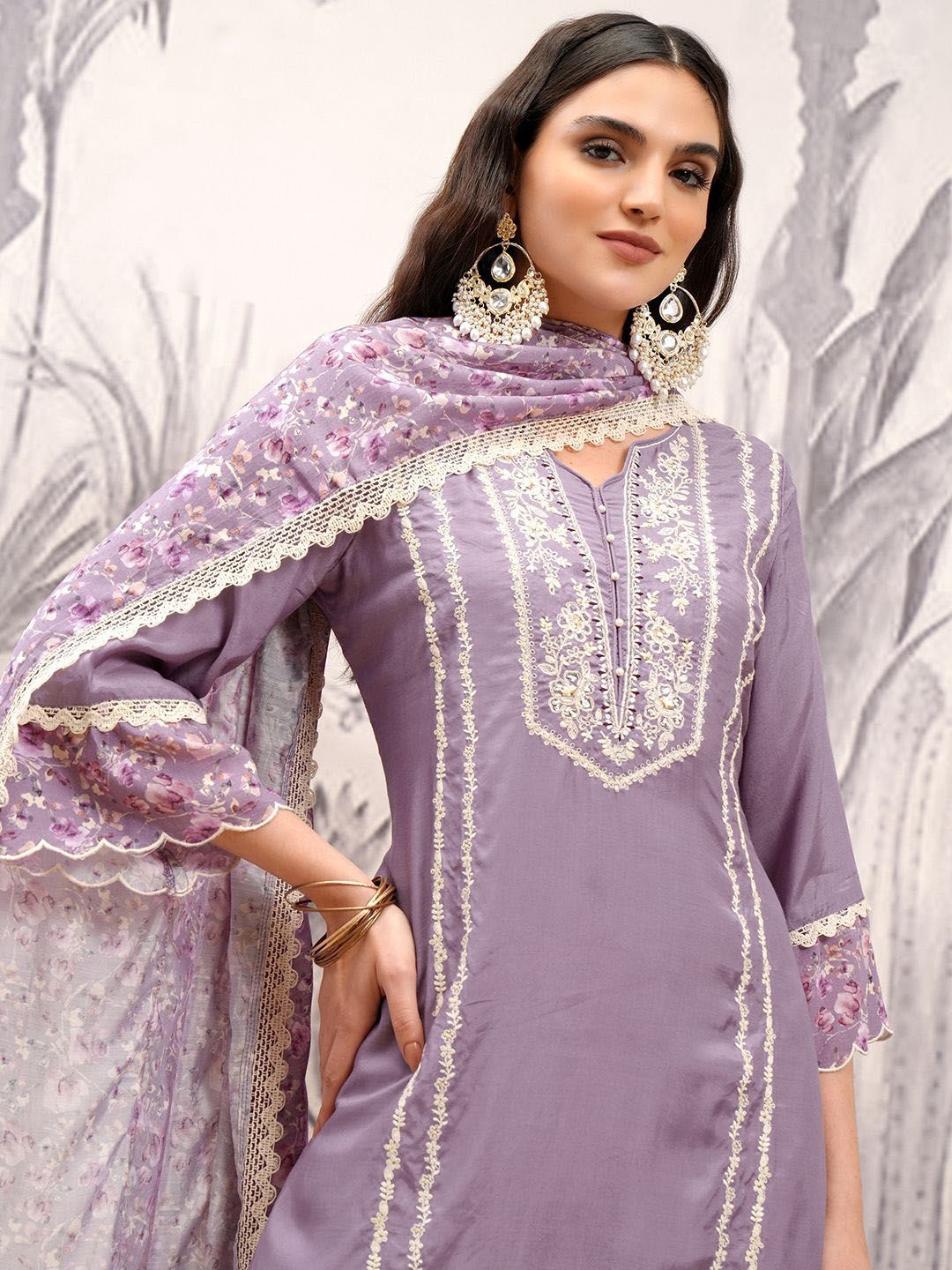 Vishudh Purple Embroidered Notch Neck Thread Work Straight Kurta With Trousers & Dupatta
