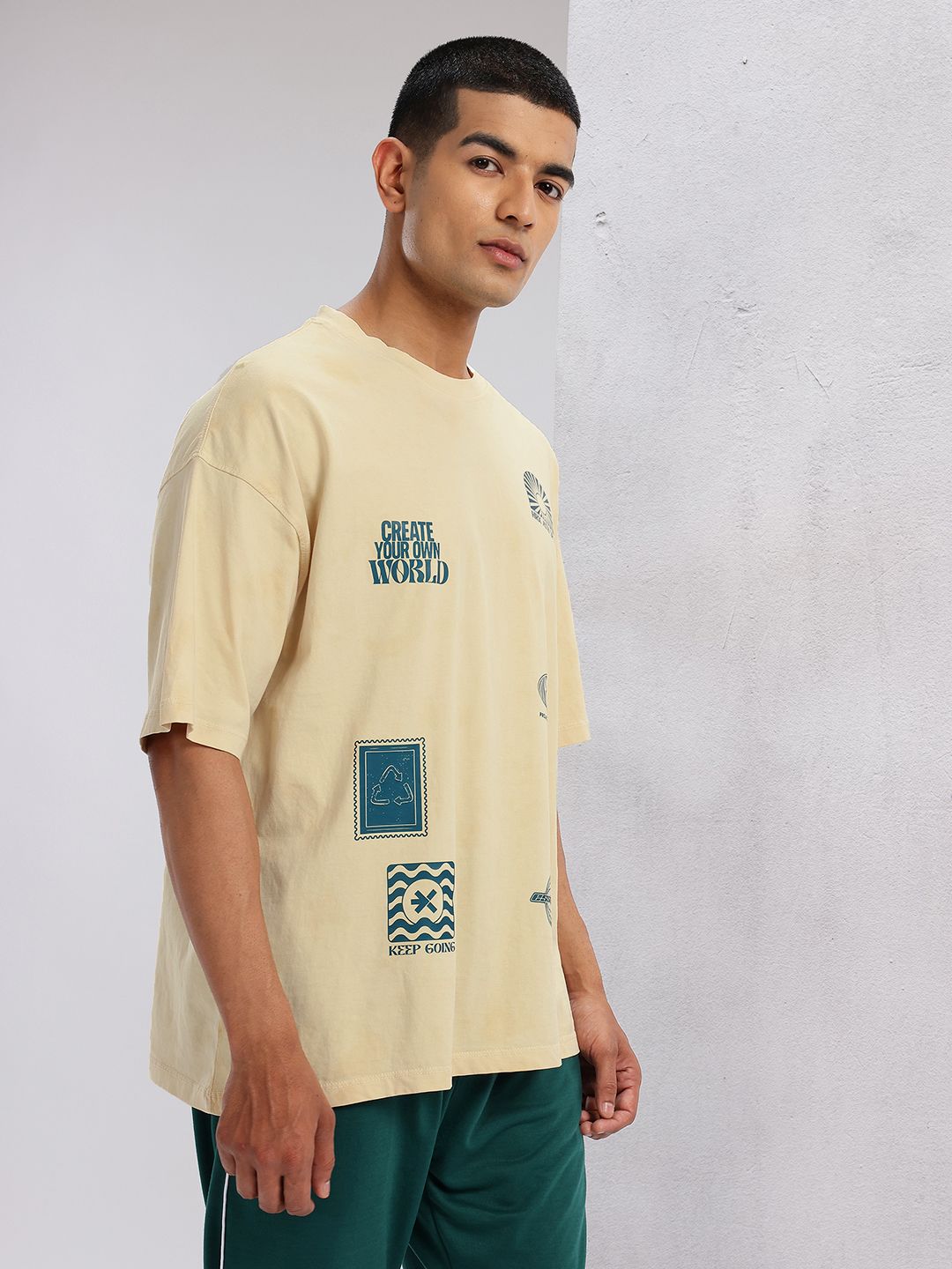 HRX by Hrithik Roshan Printed Drop-Sleeves Pure Cotton Oversized Lifestyle T-shirt