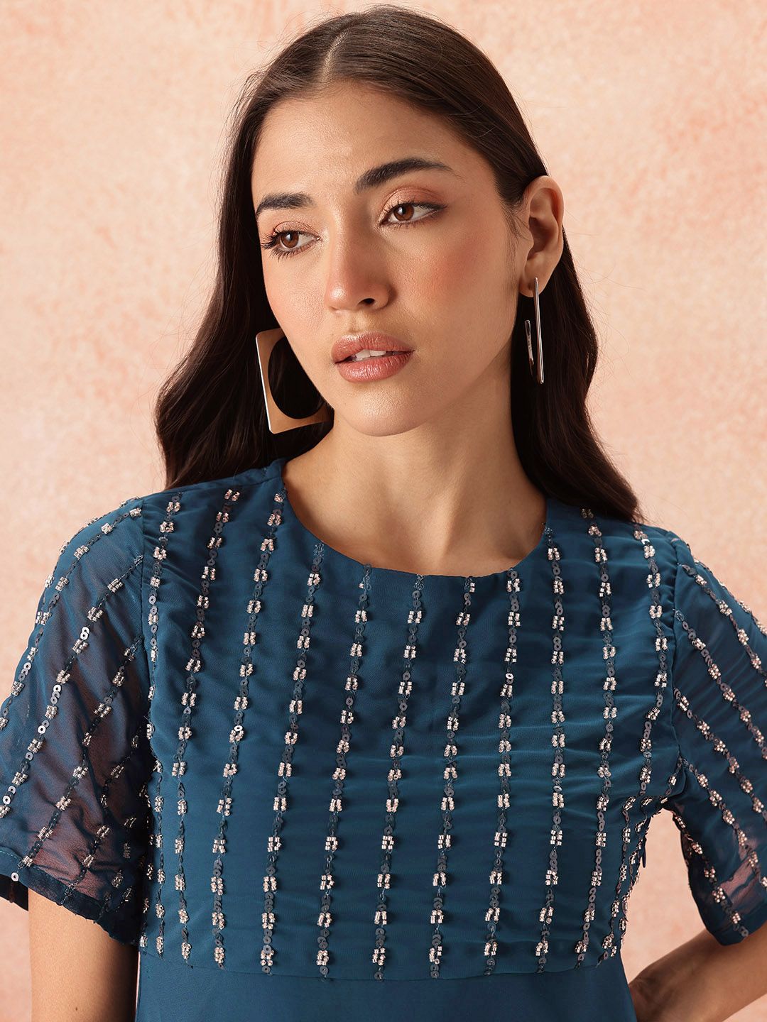 all about you Sequined Flared Sleeves Fit & Flare Dress