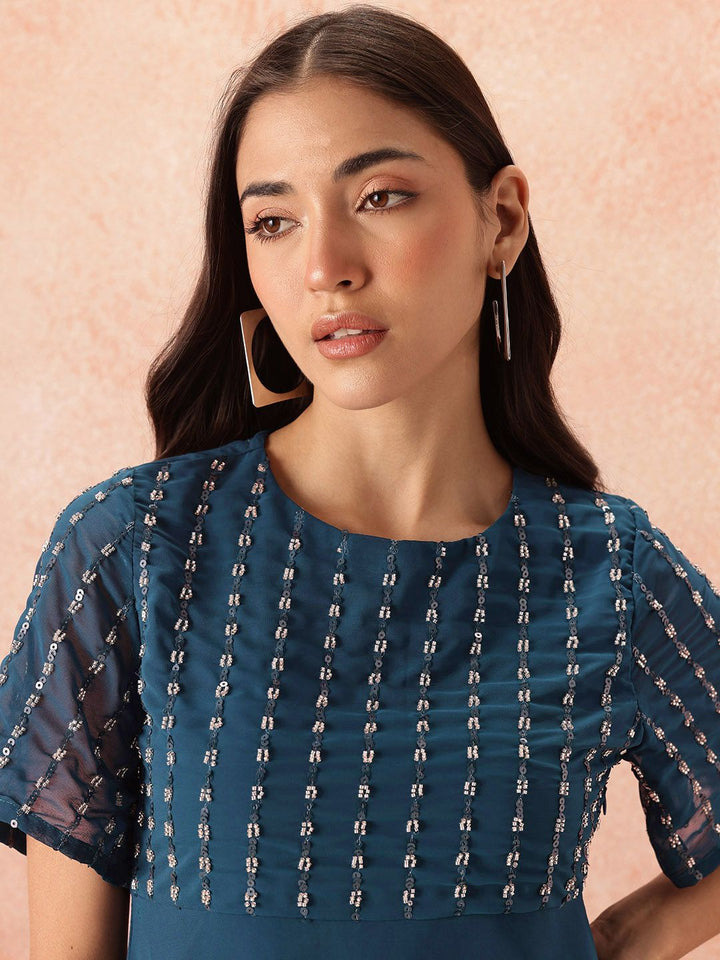 all about you Sequined Flared Sleeves Fit & Flare Dress