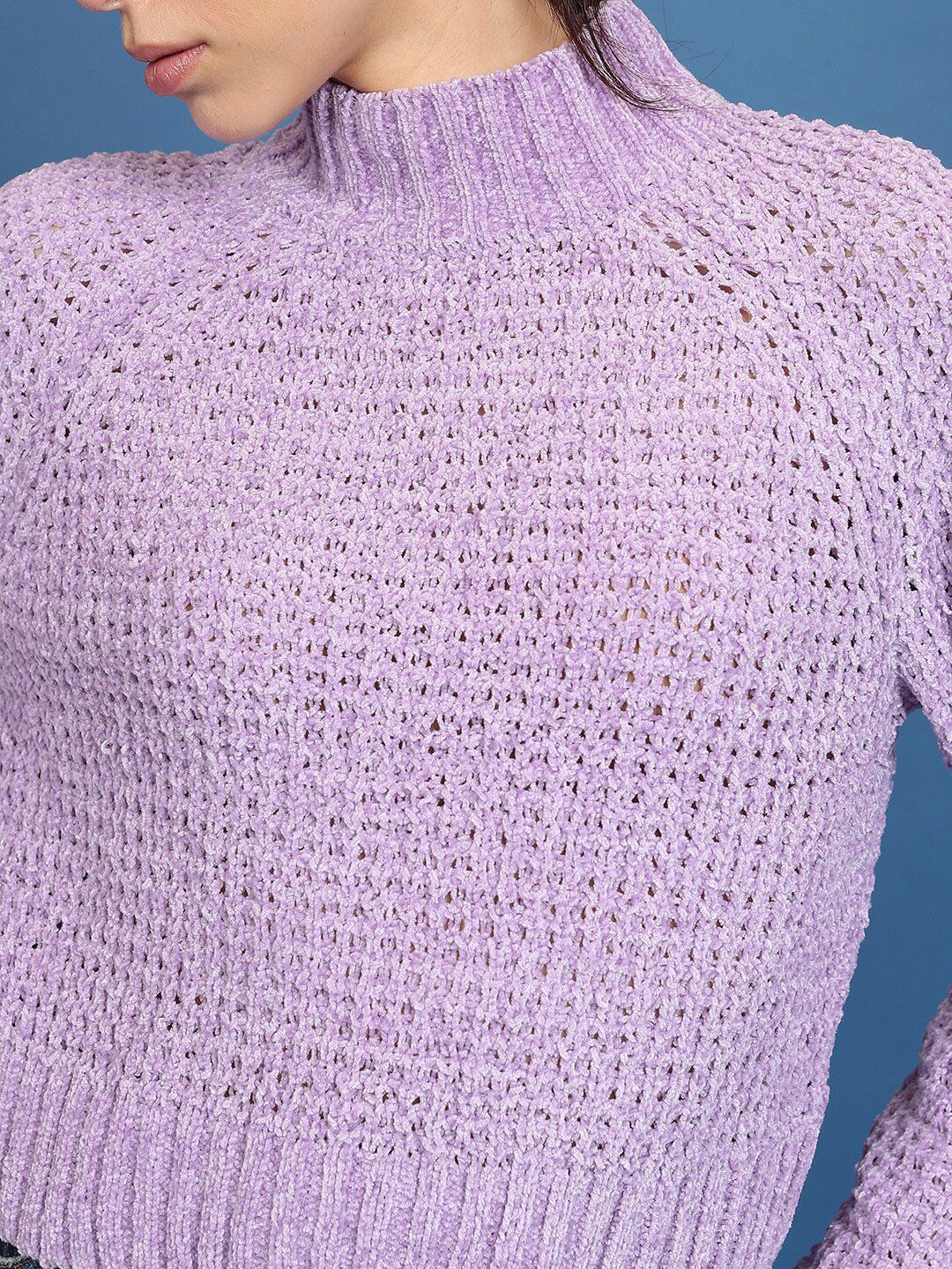 Tokyo Talkies Lavender Open Knit Turtle Neck Crop Acrylic Pullover Sweater