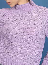 Tokyo Talkies Lavender Open Knit Turtle Neck Crop Acrylic Pullover Sweater